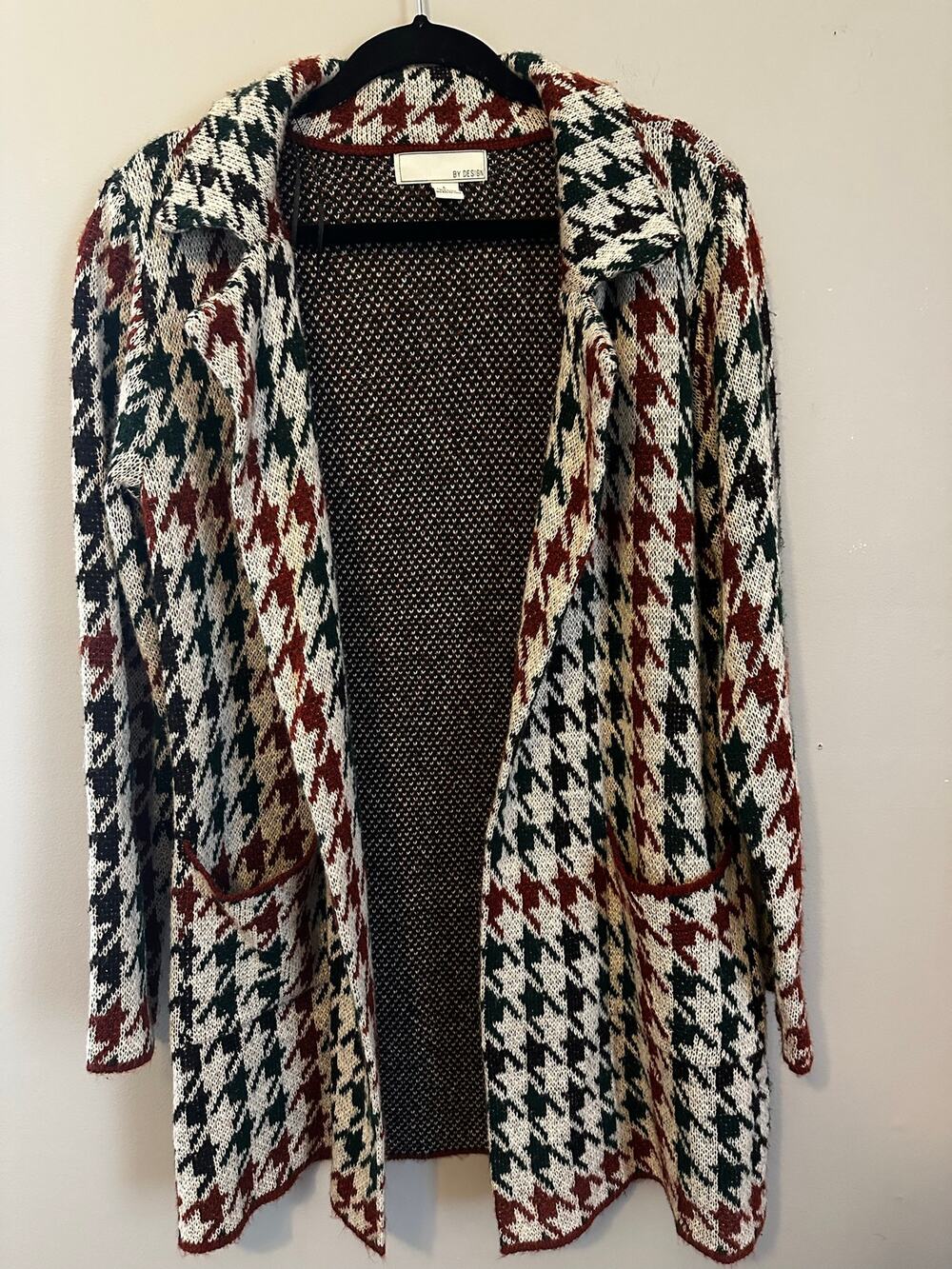 By Design Houndstooth Longline Cardigan Burgundy Green Cream Large